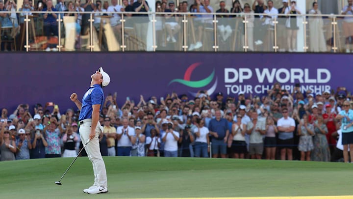 Rory McIlroy looks skyward after winning the 2024 DP World Tour Championship. 