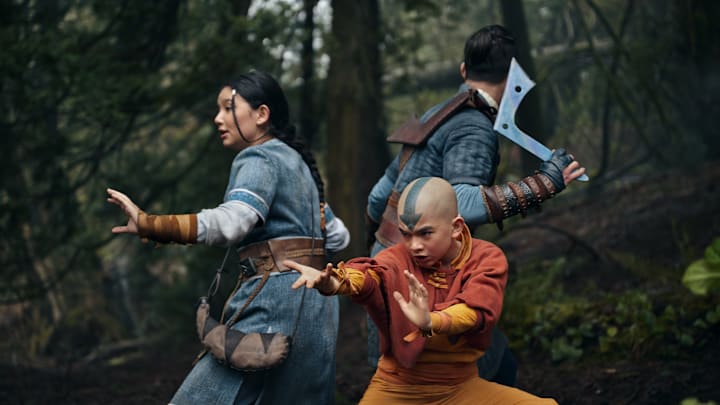 Avatar: The Last Airbender. (L to R) Kiawentiio as Katara, Gordon Cormier as Aang, Ian Ousley as Sokka in season 1 of Avatar: The Last Airbender. Cr. Robert Falconer/Netflix © 2023
