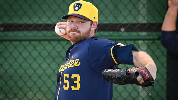 Milwaukee Brewers pitcher Brandon Woodruff (53) throws in the bullpen during spring training workouts on Tuesday, February 18, 2025, at American Family Fields of Phoenix in Phoenix, Ariz.