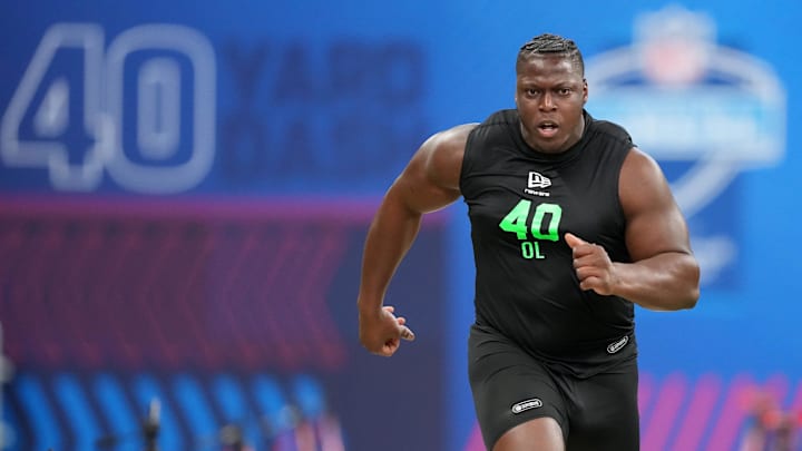 Mar 1, 2026; Indianapolis, IN, USA; Oregon offensive lineman Emmanuel Pregnon (OL40) during the NFL Scouting Combine at Lucas Oil Stadium. Mandatory Credit: Kirby Lee-Imagn Images