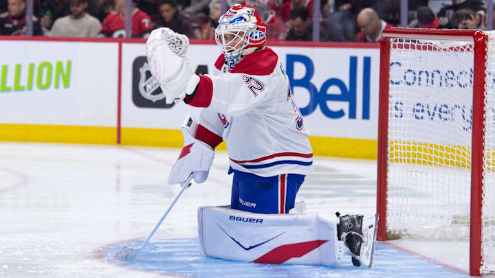 Mar 11, 2026; Ottawa, Ontario, CAN; Montreal Canadiens goalie Jacob Fowler (32) warms up prior to the start of game against the Ottawa Senators at the Canadian Tire Centre. Mandatory Credit: Marc DesRosiers-IMAGN Images