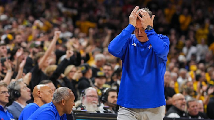 Dec 8, 2024; Columbia, Missouri, USA; Kansas Jayhawks head coach Bill Self reacts during the second half against the Missouri Tigers at Mizzou Arena. Mandatory Credit: Jay Biggerstaff-Imagn Images