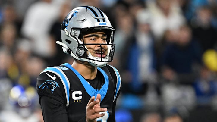 Jan 10, 2026; Charlotte, NC, USA; Carolina Panthers quarterback Bryce Young (9) reacts in the fourth quarter in an NFC Wild Card Round game at Bank of America Stadium. Mandatory Credit: Bob Donnan-Imagn Images