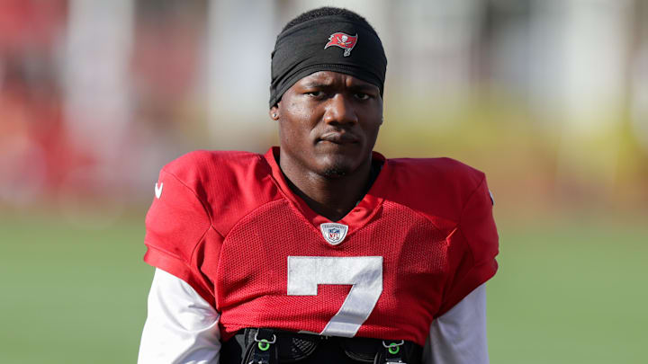 Jul 31, 2025; Tampa, FL, USA; Tampa Bay Buccaneers running back Bucky Irving (7) participates in training camp at AdventHealth Training Center. Mandatory Credit: Nathan Ray Seebeck-Imagn Images