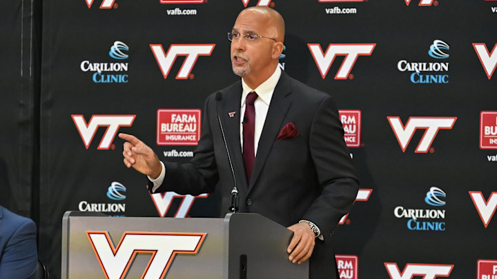 Nov 19, 2025; Blacksburg, VA, USA;  Virginia Tech head coach James Franklin speaks during the press conference at Cassell Coliseum. Mandatory Credit: Brian Bishop-Imagn Images