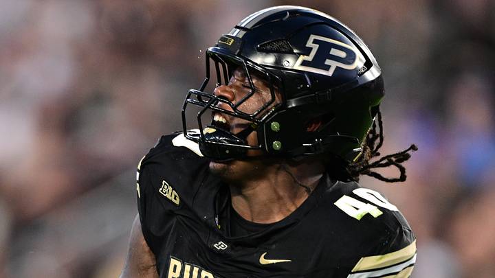 Purdue Boilermakers defensive lineman Ian Jeffries (40) celebrates after a sack.