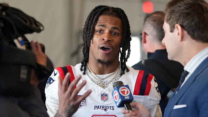 Feb 5, 2026; Santa Clara, CA, USA; New England Patriots wide receiver DeMario Douglas (3) talks to media members at the Santa Clara Marriott. Mandatory Credit: Darren Yamashita-Imagn Images