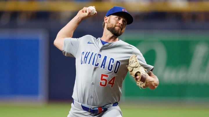 Jun 13, 2024; St. Petersburg, Florida, USA; Chicago Cubs pitcher Colten Brewer (54) throws a pitch against the Tampa Bay Rays in the eighth inning at Tropicana Field. Jun 13, 2024; St. Petersburg, Florida, USA; Chicago Cubs pitcher Colten Brewer (54) throws a pitch against the Tampa Bay Rays in the eighth inning at Tropicana Field.