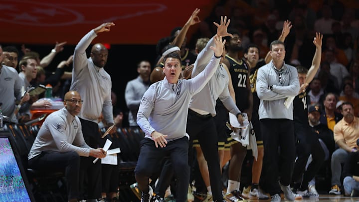 Vanderbilt Commodores head coach Mark Byington reacts to a three pointer against the Tennessee Volunteers during the first half at Thompson-Boling Arena at Food City Center.