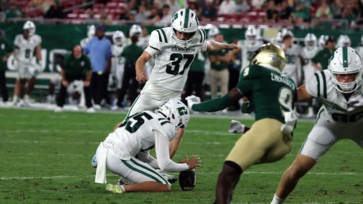Oct 3, 2025; Tampa, Florida, USA; Charlotte 49ers kicker Liam Boyd (37) kicks a field goal against the South Florida Bulls during the second half at Raymond James Stadium. Mandatory Credit: Kim Klement Neitzel-Imagn Images Oct 3, 2025; Tampa, Florida, USA; Charlotte 49ers kicker Liam Boyd (37) kicks a field goal against the South Florida Bulls during the second half at Raymond James Stadium. Mandatory Credit: Kim Klement Neitzel-Imagn Images
