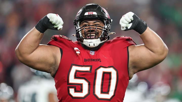 Jan 15, 2024; Tampa, Florida, USA; Tampa Bay Buccaneers defensive tackle Vita Vea (50) reacts after a play against the Philadelphia Eagles during the second half of a 2024 NFC wild card game at Raymond James Stadium. Mandatory Credit: Nathan Ray Seebeck-Imagn Images