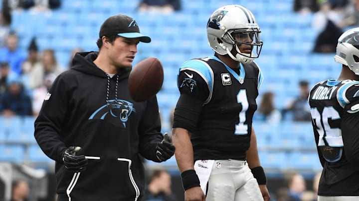 Dec 24, 2016; Charlotte, NC, USA; Carolina Panthers middle linebacker Luke Kuechly (59) and quarterback Cam Newton (1) on the field before the game at Bank of America Stadium. Mandatory Credit: Bob Donnan-Imagn Images