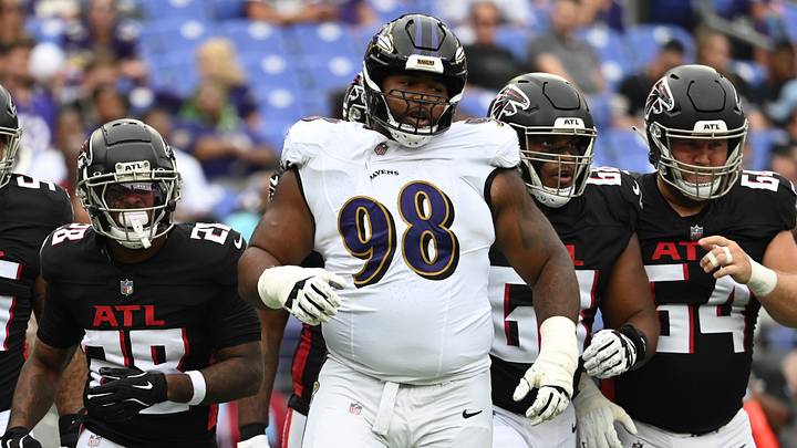 Aug 17, 2024; Baltimore, Maryland, USA; Baltimore Ravens defensive tackle Travis Jones (98) reacts during the first half against the Atlanta Falcons at M&T Bank Stadium. Mandatory Credit: Tommy Gilligan-USA TODAY Sports Aug 17, 2024; Baltimore, Maryland, USA; Baltimore Ravens defensive tackle Travis Jones (98) reacts during the first half against the Atlanta Falcons at M&T Bank Stadium. Mandatory Credit: Tommy Gilligan-USA TODAY Sports