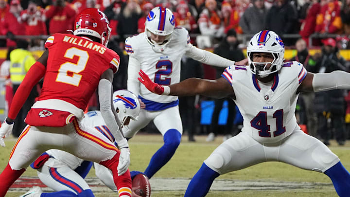 Buffalo Bills place kicker Tyler Bass (2) kicks a field goal against the Kansas City Chiefs in the AFC Championship game