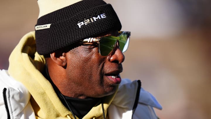 Nov 29, 2024; Boulder, Colorado, USA; Colorado Buffaloes head coach Deion Sanders before the game against the Oklahoma State Cowboys at Folsom Field. Nov 29, 2024; Boulder, Colorado, USA; Colorado Buffaloes head coach Deion Sanders before the game against the Oklahoma State Cowboys at Folsom Field.