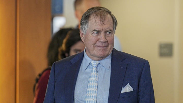 Dec 12, 2024; Chapel Hill, NC, USA;   North Carolina Tar Heels new head coach Bill Belichick walks to his seat for the announcement of his hiring  at Loudermilk Center for Excellence. Mandatory Credit: Jim Dedmon-Imagn Images