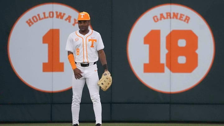 Tennessee infielder/outfielder Jay Abernathy (8) stands in the outfield at the Tennessee baseball season opener against Hofstra, in Lindsey Nelson Stadium at University of Tennessee in Knoxville, Tenn., Friday, February. 14, 2025. Tennessee infielder/outfielder Jay Abernathy (8) stands in the outfield at the Tennessee baseball season opener against Hofstra, in Lindsey Nelson Stadium at University of Tennessee in Knoxville, Tenn., Friday, February. 14, 2025.