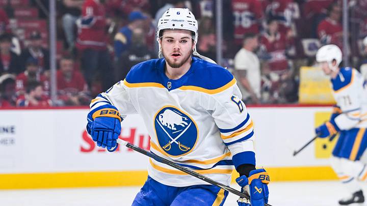 May 16, 2026; Montreal, Quebec, CAN; Buffalo Sabres left wing Zach Benson (6) looks on during warm-up before the game against the Montreal Canadiens in game six of the second round of the 2026 Stanley Cup Playoffs at Bell Centre. Mandatory Credit: David Kirouac-Imagn Images May 16, 2026; Montreal, Quebec, CAN; Buffalo Sabres left wing Zach Benson (6) looks on during warm-up before the game against the Montreal Canadiens in game six of the second round of the 2026 Stanley Cup Playoffs at Bell Centre. Mandatory Credit: David Kirouac-Imagn Images