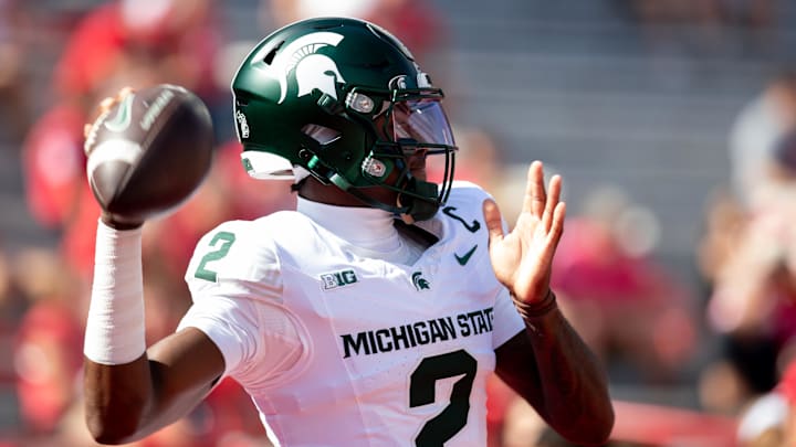 Oct 4, 2025; Lincoln, Nebraska, USA; Michigan State Spartans quarterback Aidan Chiles (2) warms up before the game against the Nebraska Cornhuskers at Memorial Stadium. Mandatory Credit: Kylie Graham-Imagn Images