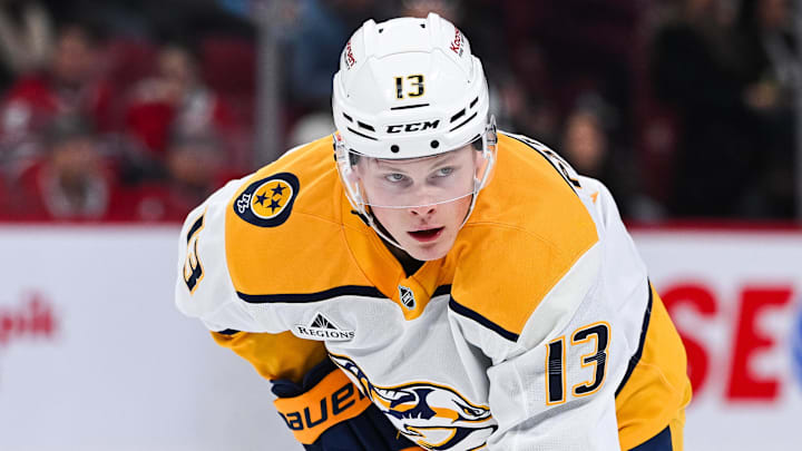Dec 5, 2024; Montreal, Quebec, CAN; Nashville Predators center Juuso Parssinen (13) waits for a face-off against the Montreal Canadiens during the third period at Bell Centre. Mandatory Credit: David Kirouac-Imagn Images