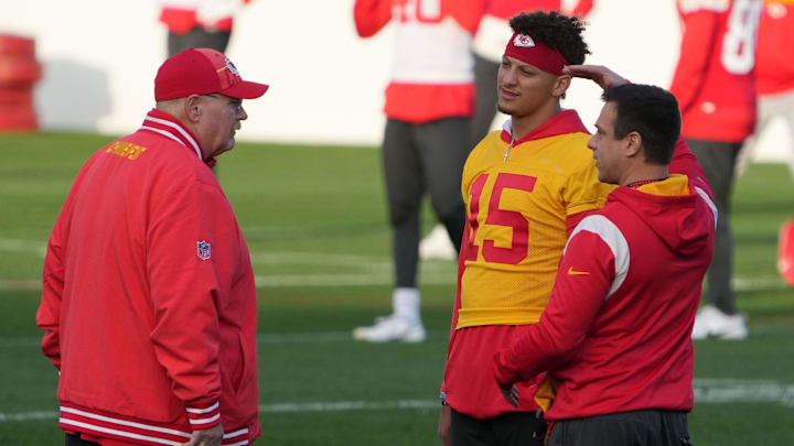 Nov 3, 2023; Frankfurt, Germany; Kansas City Chiefs coach Andy Reid (left), quarterback Patrick Mahomes (15) and wide receivers coach Connor Embree during practice at DFB Campus. Mandatory Credit: Kirby Lee-Imagn Images