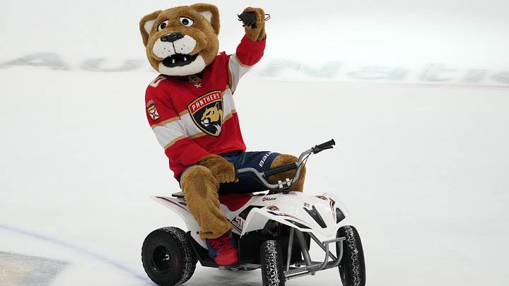 Dec 13, 2022; Sunrise, Florida, USA; Florida Panthers mascot Stanley C. Panther celebrates on the ice after the Florida Panthers defeated the Columbus Blue Jackets at FLA Live Arena. Mandatory Credit: Jasen Vinlove-USA TODAY Sports Dec 13, 2022; Sunrise, Florida, USA; Florida Panthers mascot Stanley C. Panther celebrates on the ice after the Florida Panthers defeated the Columbus Blue Jackets at FLA Live Arena. Mandatory Credit: Jasen Vinlove-USA TODAY Sports