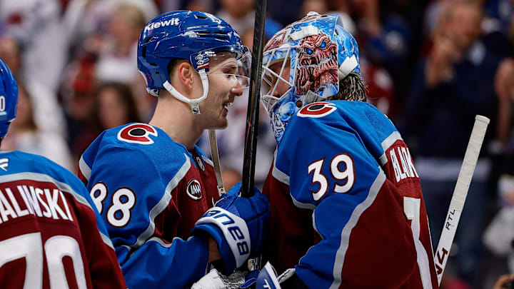 Apr 9, 2026; Denver, Colorado, USA; Colorado Avalanche center Martin Necas (88) celebrates with goaltender MacKenzie Blackwood (39) after the game against the Calgary Flames at Ball Arena. Mandatory Credit: Isaiah J. Downing-Imagn Images Apr 9, 2026; Denver, Colorado, USA; Colorado Avalanche center Martin Necas (88) celebrates with goaltender MacKenzie Blackwood (39) after the game against the Calgary Flames at Ball Arena. Mandatory Credit: Isaiah J. Downing-Imagn Images