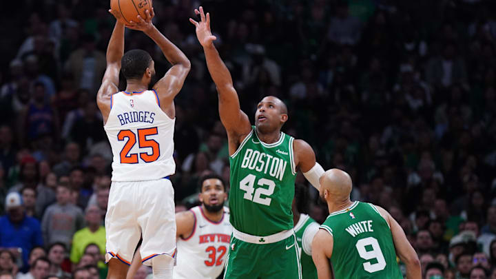 May 7, 2025; Boston, Massachusetts, USA; New York Knicks forward Mikal Bridges (25) shoots the ball against Boston Celtics center Al Horford (42) in the second half during game two of the second round for the 2025 NBA Playoffs at TD Garden. Mandatory Credit: David Butler II-Imagn Images May 7, 2025; Boston, Massachusetts, USA; New York Knicks forward Mikal Bridges (25) shoots the ball against Boston Celtics center Al Horford (42) in the second half during game two of the second round for the 2025 NBA Playoffs at TD Garden. Mandatory Credit: David Butler II-Imagn Images