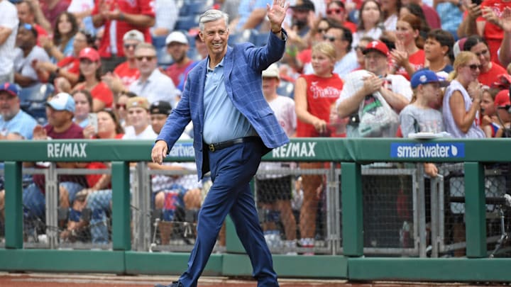 Aug 18, 2024; Philadelphia, Pennsylvania, USA; Former Philadelphia Phillies president Dave Dombrowski during Phillies Alumni Weekend and the 20th anniversary of Citizens Bank Park before game against the Washington Nationals at Citizens Bank Park. Mandatory Credit: Eric Hartline-Imagn Images