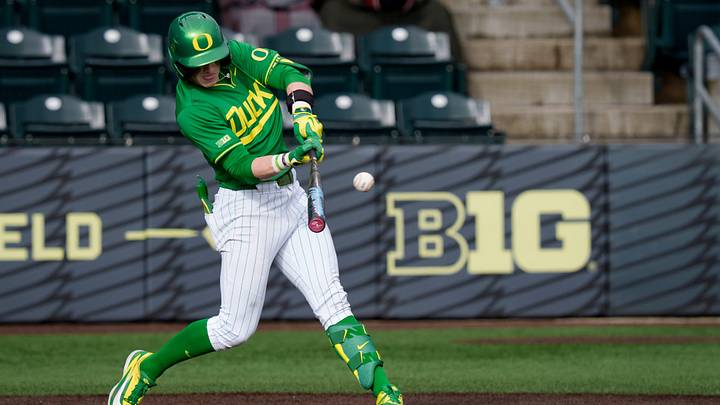 Oregon infielder Maddox Molony hits a single as the Oregon Ducks host the Youngstown State Penguins on Feb. 19, 2026, at PK Park in Eugene, Oregon.
