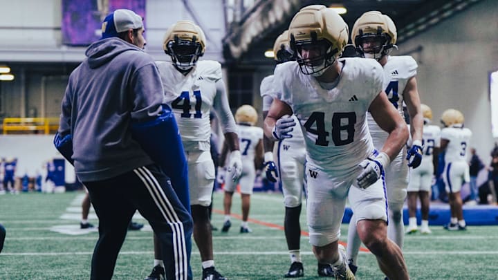 Jacob Lane works on his edge-rushing skills in UW practice. Jacob Lane works on his edge-rushing skills in UW practice.