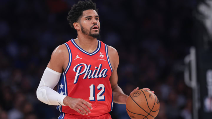 Apr 22, 2024; New York, New York, USA; Philadelphia 76ers forward Tobias Harris (12) dribbles up court during the first half during game two of the first round for the 2024 NBA playoffs against the New York Knicks at Madison Square Garden. Mandatory Credit: Vincent Carchietta-USA TODAY Sports Apr 22, 2024; New York, New York, USA; Philadelphia 76ers forward Tobias Harris (12) dribbles up court during the first half during game two of the first round for the 2024 NBA playoffs against the New York Knicks at Madison Square Garden. Mandatory Credit: Vincent Carchietta-USA TODAY Sports