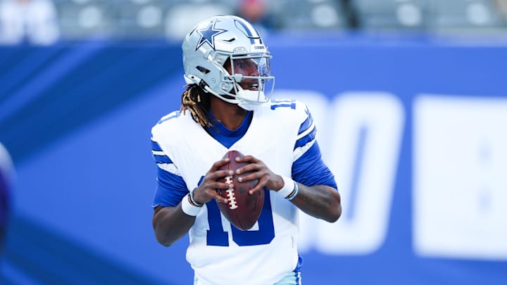 Jan 4, 2026; East Rutherford, New Jersey, USA; Dallas Cowboys quarterback Joe Milton III (10) drops back to pass during the third quarter against the New York Giants at MetLife Stadium. Mandatory Credit: Vincent Carchietta-Imagn Images