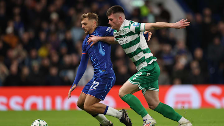 Kiernan Dewsbury-Hall is challenged by a Shamrock Rovers player in Chelsea's UEFA Conference League tie.