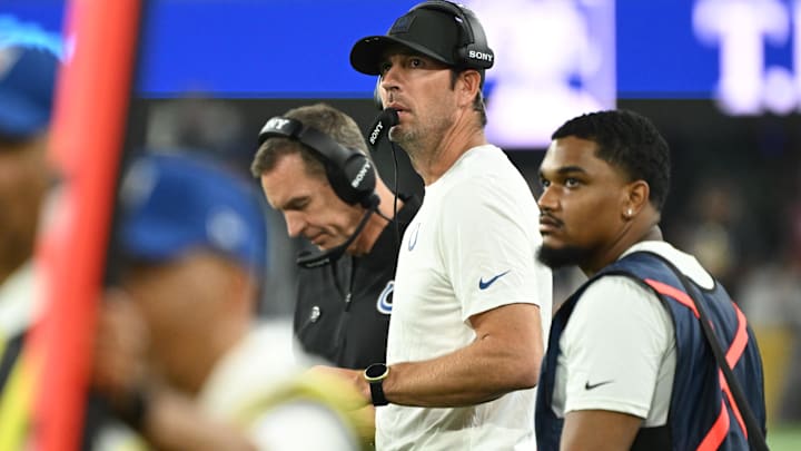 Aug 7, 2025; Baltimore, Maryland, USA; Indianapolis Colts head coach Shane Steichen looks at the scoreboard during the second quarter of a preseason game against the Baltimore Ravens at M&T Bank Stadium. Mandatory Credit: Rafael Suanes-Imagn Images