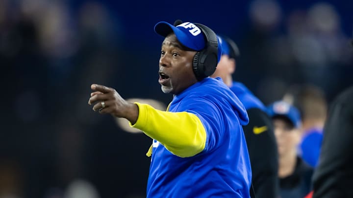 Jan 13, 2025; Glendale, AZ, USA; Los Angeles Rams running backs coach Ron Gould against the Minnesota Vikings during an NFC wild card game at State Farm Stadium. Mandatory Credit: Mark J. Rebilas-Imagn Images