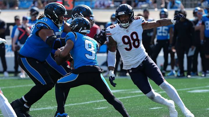 Montez Sweat and the Bears defensive line close in on Bryce Young in Sunday's 59-37 Chicago victory. Montez Sweat and the Bears defensive line close in on Bryce Young in Sunday's 59-37 Chicago victory.