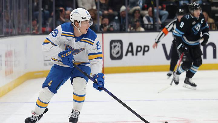 Apr 16, 2026; Salt Lake City, Utah, USA; St. Louis Blues right wing Jonatan Berggren (29) plays the puck against the Utah Mammoth during the second period at Delta Center. Mandatory Credit: Rob Gray-Imagn Images
