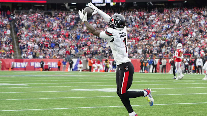 Oct 13, 2024; Foxborough, Massachusetts, USA; Houston Texans wide receiver Stefon Diggs (1) makes a catch against the New England Patriots during the first half at Gillette Stadium. Mandatory Credit: Gregory Fisher-Imagn Images