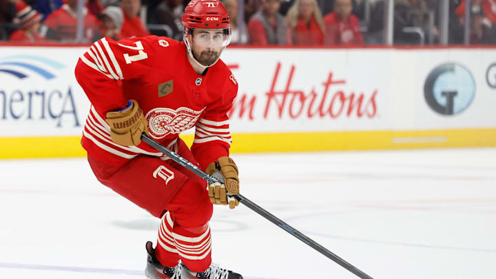 Dec 28, 2025; Detroit, Michigan, USA;  Detroit Red Wings center Dylan Larkin (71) skates with the puck in the second period against the Toronto Maple Leafs at Little Caesars Arena. Mandatory Credit: Rick Osentoski-Imagn Images