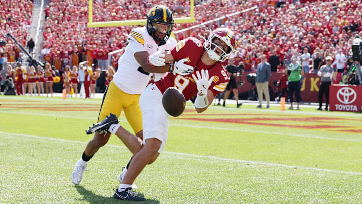 Sep 6, 2025; Ames, Iowa, USA; Iowa Hawkeyes defensive back TJ Hall (2) breaks up a pass intended for Iowa State Cyclones wide receiver Brett Eskildsen (9) during the first quarter at Jack Trice Stadium. Mandatory Credit: Reese Strickland-Imagn Images