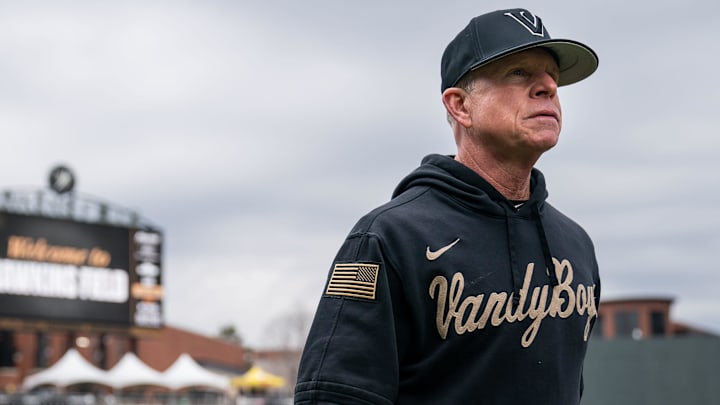 Vanderbilt head coach Tim Corbin heads to the dugout before a game against Florida Atlantic at Hawkins Field in Nashville, Tenn., Friday, Feb. 16, 2024.