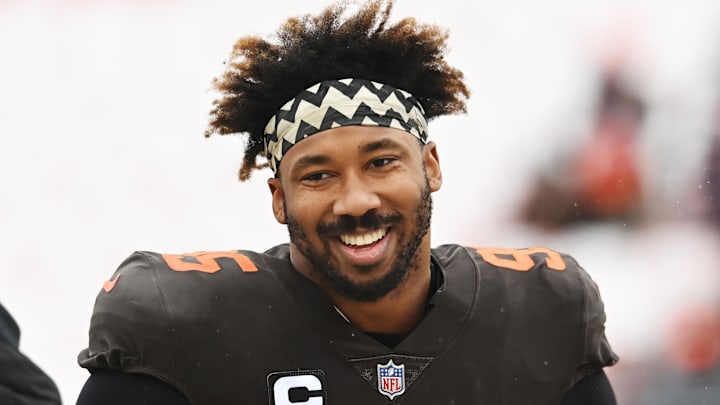 Dec 24, 2022; Cleveland, Ohio, USA; Cleveland Browns defensive end Myles Garrett (95) warms up before the game between the Browns and the New Orleans Saints at FirstEnergy Stadium. Mandatory Credit: Ken Blaze-Imagn Images