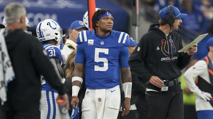 Sep 29, 2024; Indianapolis, Indiana, USA;  Indianapolis Colts quarterback Anthony Richardson (5) walks the sidelines Sunday, Sept. 29, 2024, during a game against the Pittsburgh Steelers at Lucas Oil Stadium. Mandatory Credit: Christine Tannous-USA TODAY Network via Imagn Images