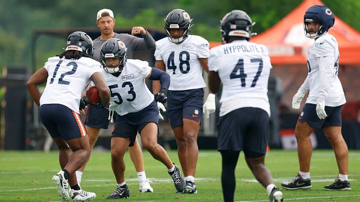 Bears linebacker T.J. Edwards runs through a dril at training camp with the defense. Bears linebacker T.J. Edwards runs through a dril at training camp with the defense.