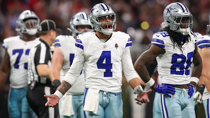 Nov 3, 2024; Atlanta, Georgia, USA; Dallas Cowboys quarterback Dak Prescott (4) reacts to a penalty against the Atlanta Falcons in the third quarter at Mercedes-Benz Stadium. Mandatory Credit: Brett Davis-Imagn Images