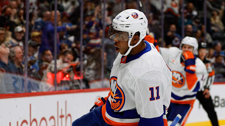 Oct 14, 2024; Denver, Colorado, USA; New York Islanders left wing Anthony Duclair (11) celebrates after his goal in the third period against the Colorado Avalanche at Ball Arena. Mandatory Credit: Isaiah J. Downing-Imagn Images