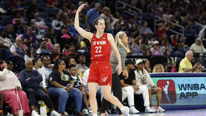 Aug 30, 2024; Chicago, Illinois, USA; Indiana Fever guard Caitlin Clark (22) reacts as she walks off the floor during the second half of a basketball game against the Chicago Sky at Wintrust Arena. Mandatory Credit: Kamil Krzaczynski-Imagn Images