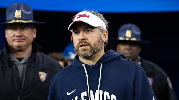 Jan 8, 2026; Glendale, AZ, USA; Mississippi Rebels head coach Pete Golding against the Miami Hurricanes during the 2026 Fiesta Bowl and semifinal game of the College Football Playoff at State Farm Stadium. Mandatory Credit: Mark J. Rebilas-Imagn Images