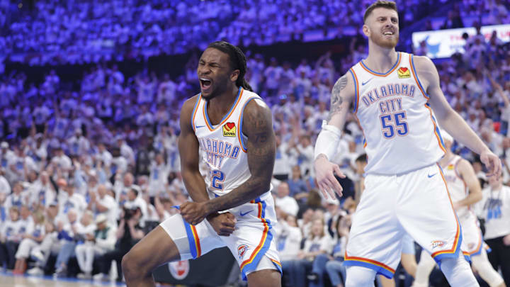 Apr 20, 2025; Oklahoma City, Oklahoma, USA; Oklahoma City Thunder guard Cason Wallace (22) celebrates after scoring against the Memphis Grizzlies during the second quarter at Paycom Center. Mandatory Credit: Alonzo Adams-Imagn Images